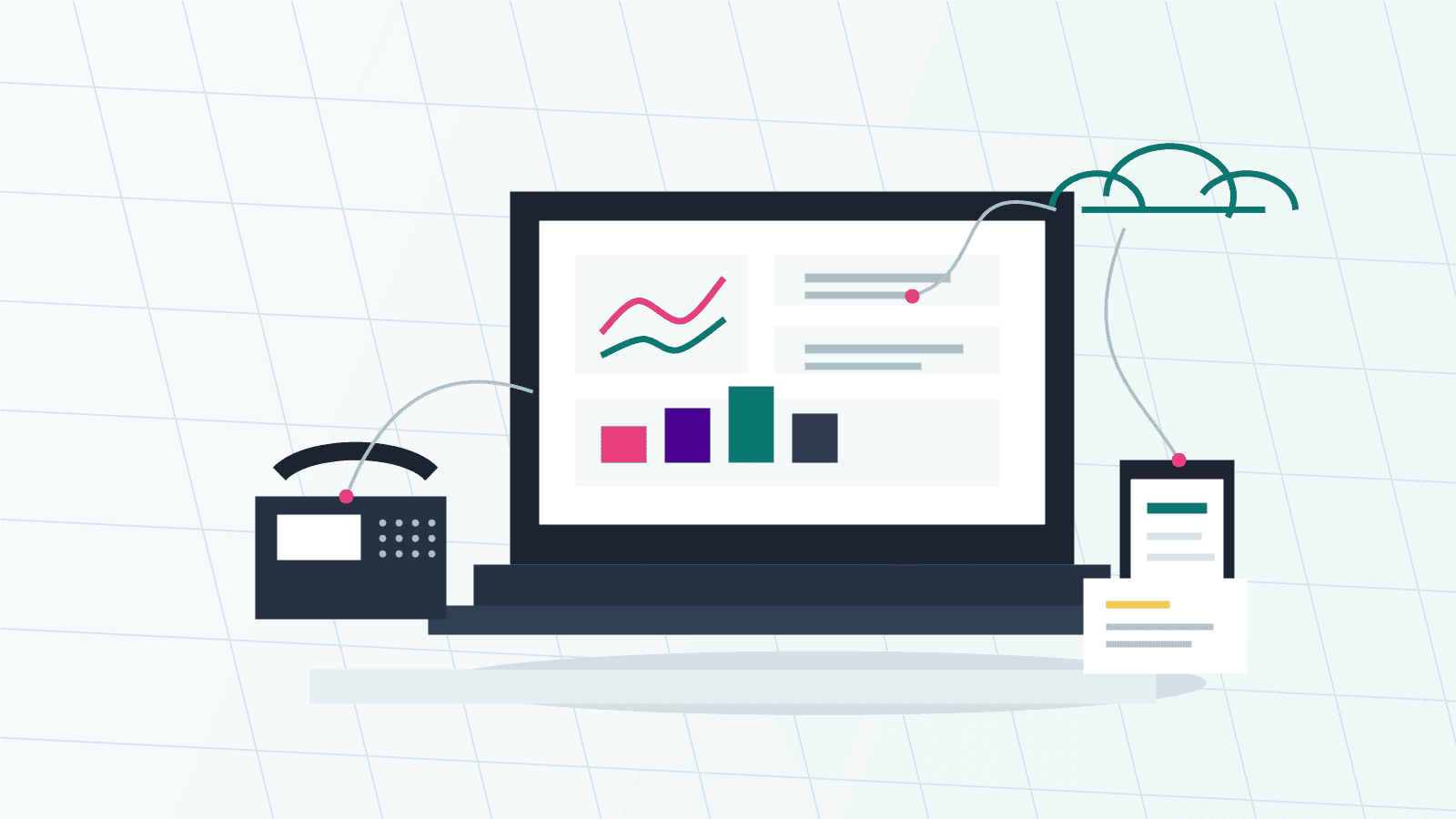 Phone-system comparison workspace with laptop dashboard, desk phone, mobile phone, and cloud communications cues.